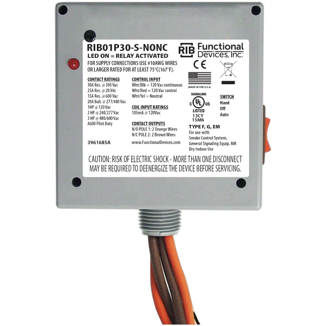 Functional Devices RIB01P30-S-NONC Enclosed Relay 30A DPST 1NO 1NC, Coil Override