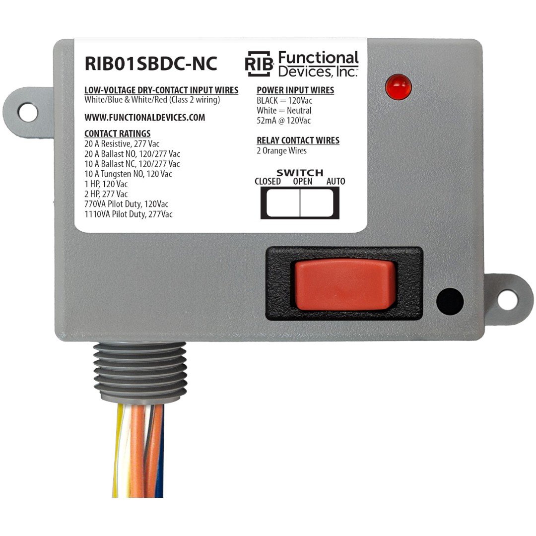 Functional Devices RIB01SBDC-NC Enclosed Relay 20A SPST-NC 120VAC, Dry, Override