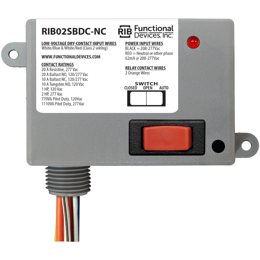 Functional Devices RIB02SBDC-NC Enclosed Relay 20A SPST-NC 208-277VAC, Dry, Override