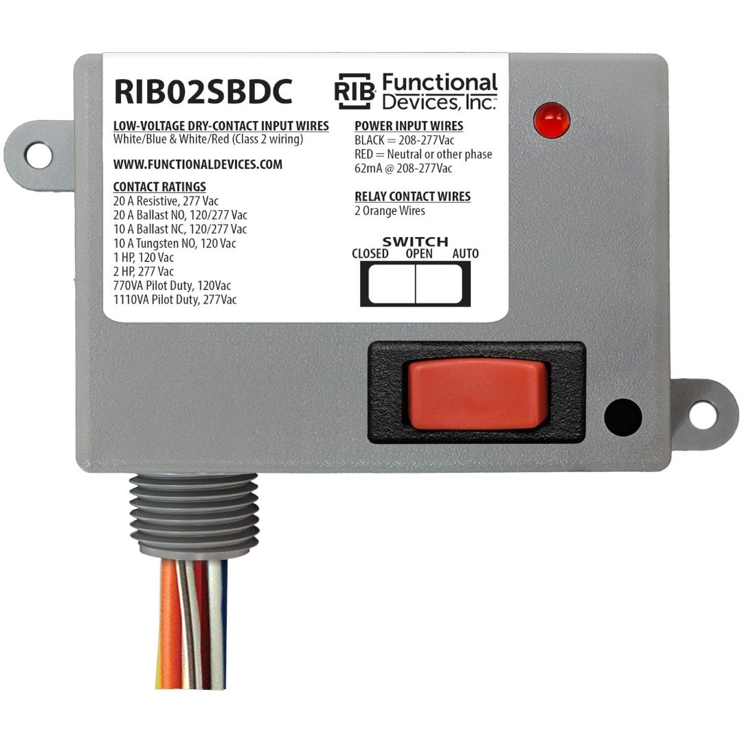 Functional Devices RIB02SBDC Enclosed Relay 20A SPST 208-277VAC, Dry, Override