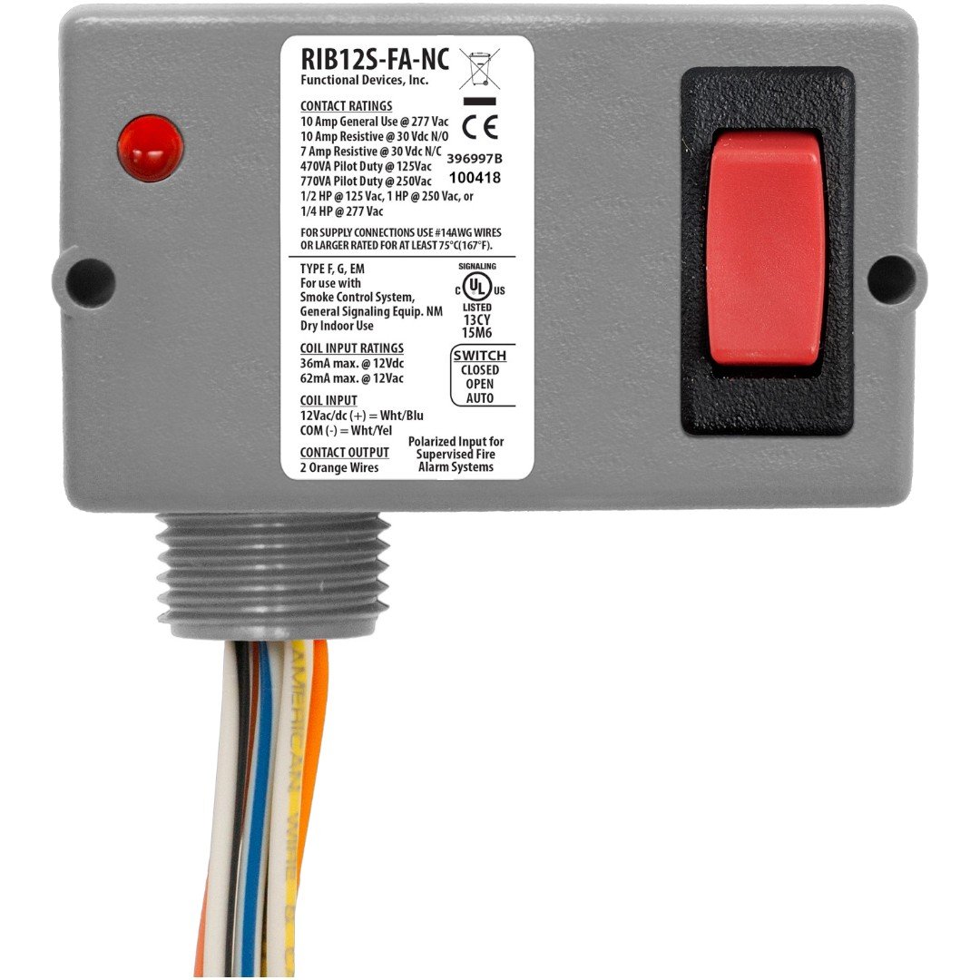 Functional Devices RIB12S-FA-NC Enclosed Relay 10A SPST-NC 12VDC/AC, Override
