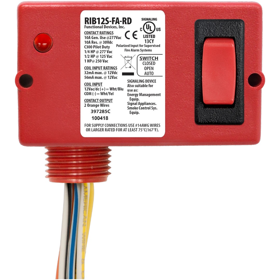 Functional Devices RIB12S-FA-RD Enclosed Relay 10A SPST 12VDC/AC, Override, Red
