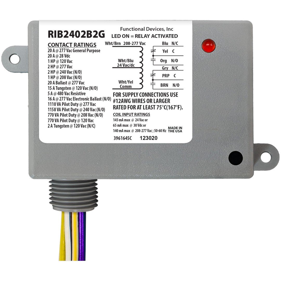 Functional Devices RIB2402B2G Enclosed Relay 20A Dual SPDT 24VDC/AC, Ganged
