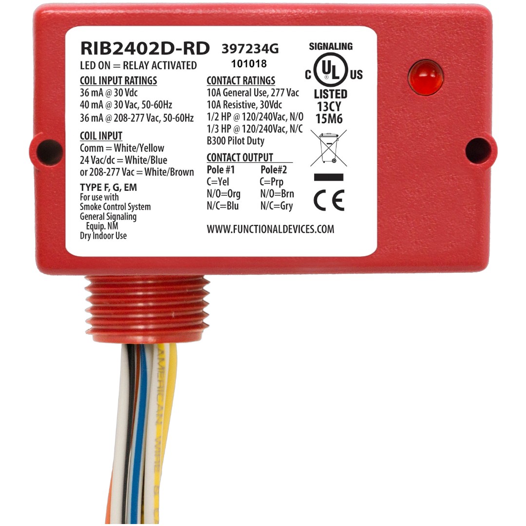 Functional Devices RIB2402D-RD Enclosed Relay 10A DPDT 24VDC/AC, 277VAC, Red