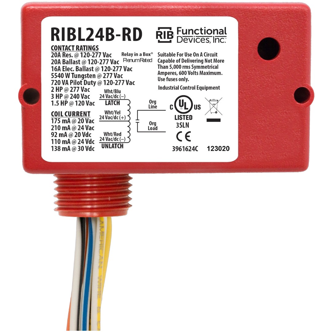 Functional Devices RIBL24B-RD Enclosed Relay 20A 24VAC/DC, Latching, Red