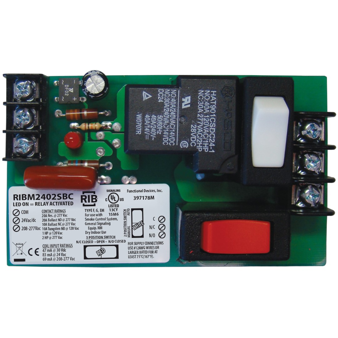 Functional Devices RIBM2402SBC Panel Relay 4in 20A SPDT 24VAC/DC, 277VAC, Override