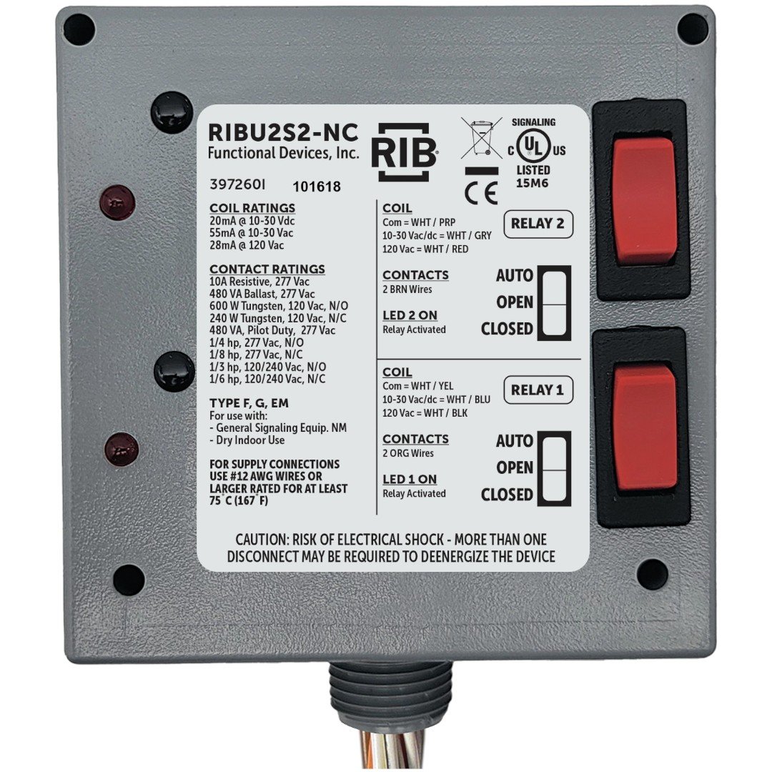 Functional Devices RIBU2S2-NC Relay 10A 2SPST-NC 10-120V, With Override