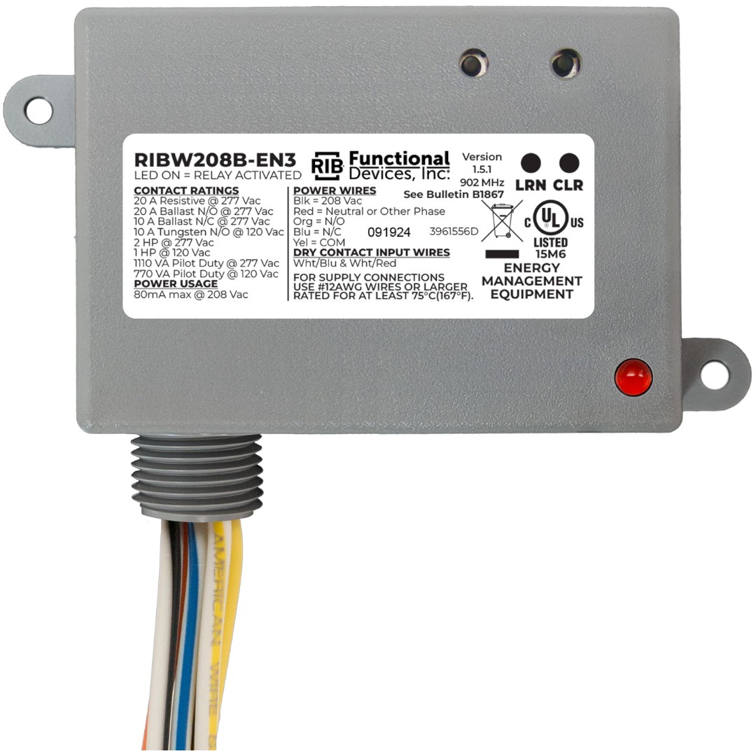 Functional Devices RIBW208B-EN3 EnOcean Relay 20A 208VAC, 2-Way Dry Input