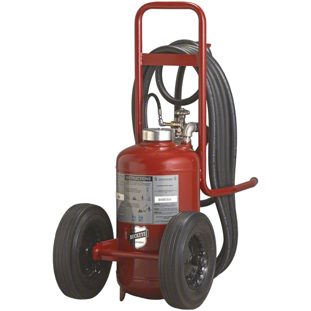 Buckeye 31110 125 lbs ABC Pressure Transfer Fire Extinguisher, Semi Pneumatic Rubber Wheels