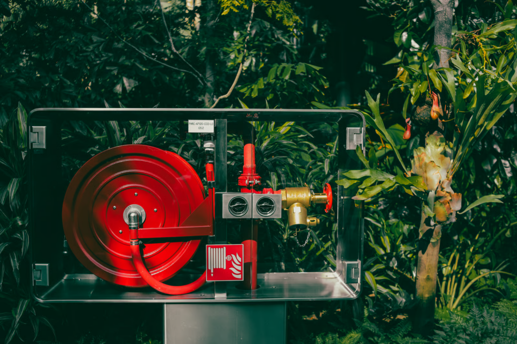 green fire protection system fire hose reel cabinet surrounded by plants outdoors